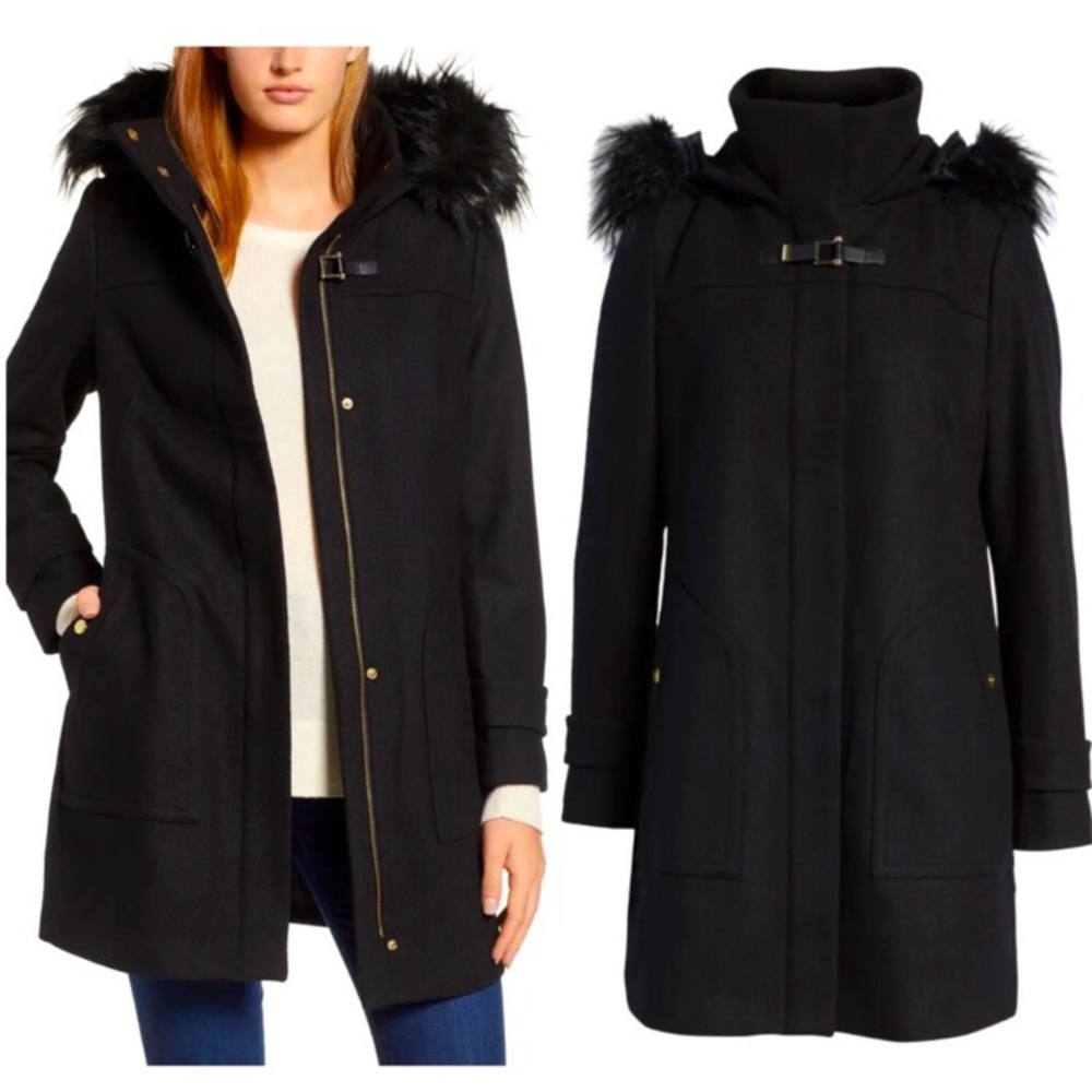 NEW Cole Haan Wool Blend Twill Duffle coat Jacket with Faux Fur Trim